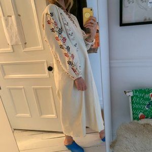 Hand-embroidered red+blackwork cotton-linen dress